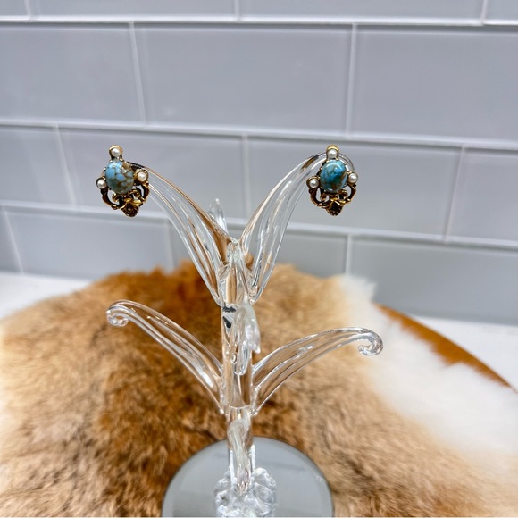 Vtg Victorian Austria Peking Glass Bead Faux Turquoise & Pearls Clip On Earrings - Picture 2 of 9